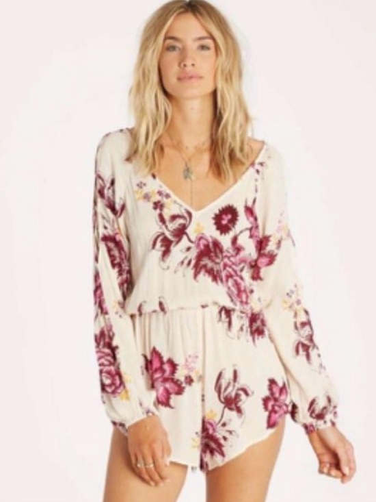 Billabong Pants - Billabong White Romper with Magenta Floral Print